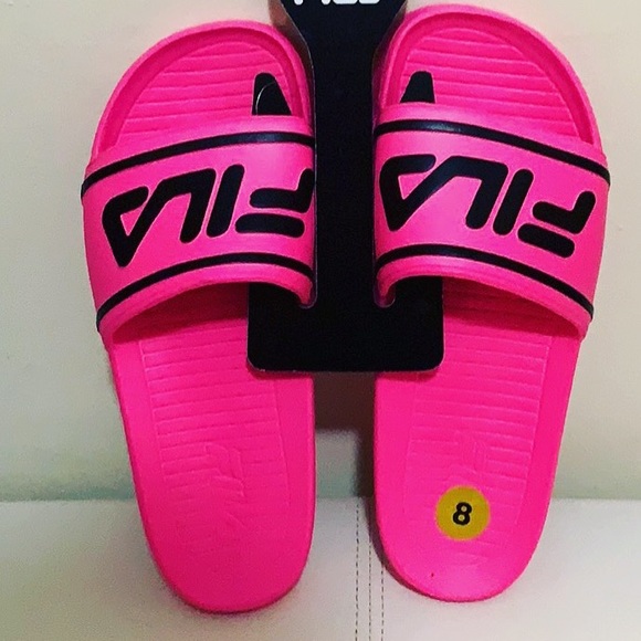 hot pink fila slides